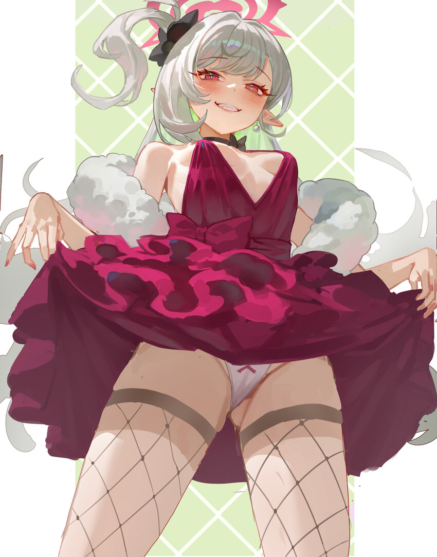 1girl absurdres blue archive breasts clothes lift commentary dress dress lift fishnet thighhighs fishnets grey hair haaakashi halo highres long hair …