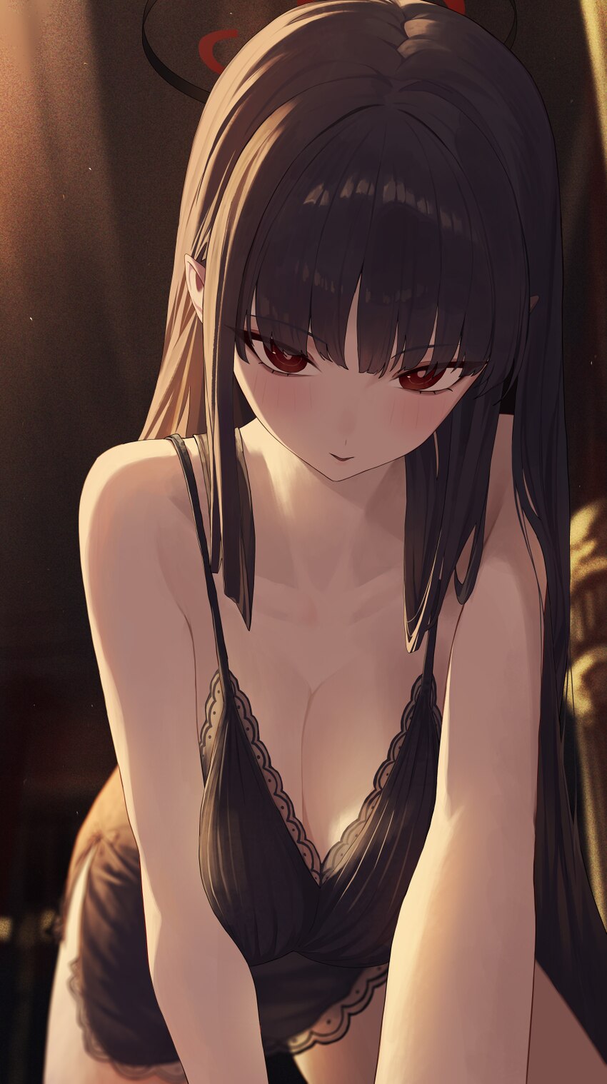 1girl absurdres alternate costume black hair black halo black nightgown blue archive breasts bright pupils chinese commentary cleavage commentary req…