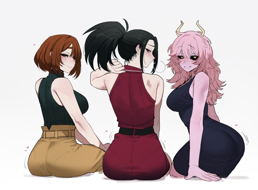 3girls absurdres aged up ashido mina ass bare shoulders belt black dress black eyes black hair blush boku no hero academia breasts brown eyes brown s…