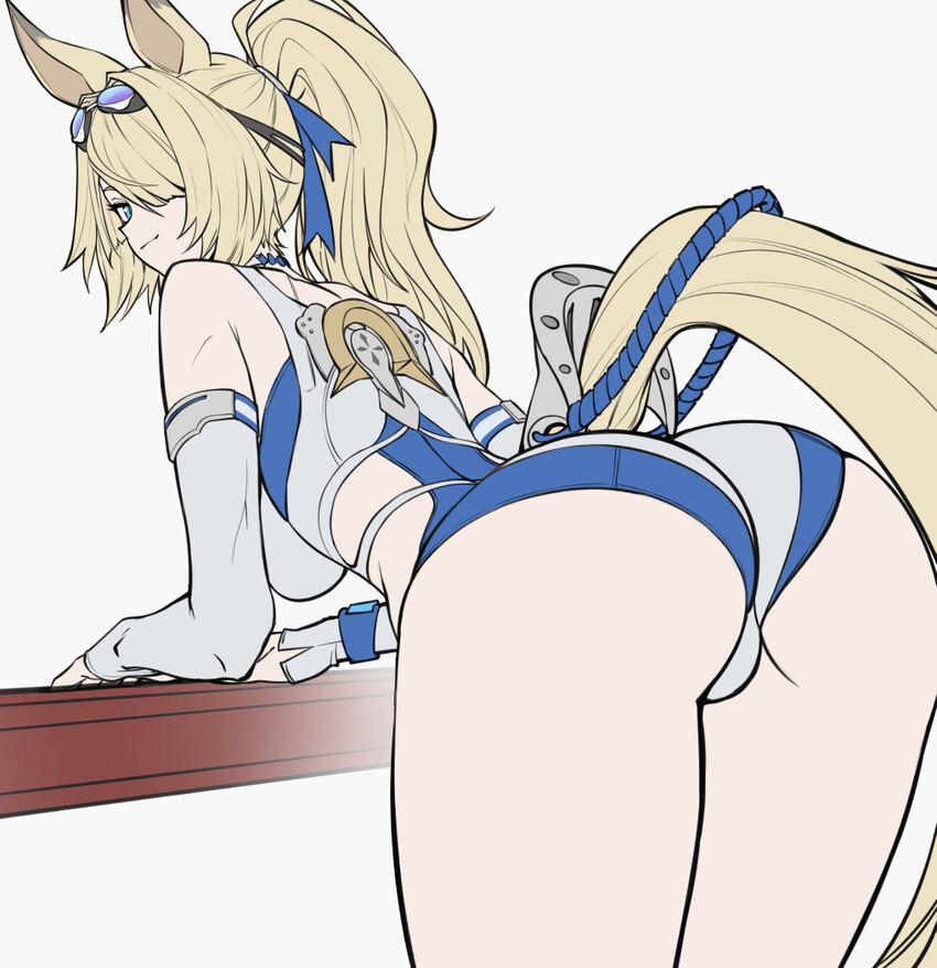 1girl animal ears ass ass focus bare shoulders bent over blonde hair breasts commentary detached sleeves english commentary from behind goggles goggl…