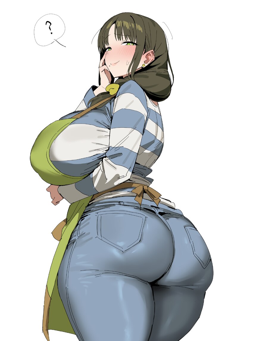 1girl ? absurdres apron ass blue pants blush breasts bright pupils closed mouth commentary request denim green apron green eyes green hair highres hu…
