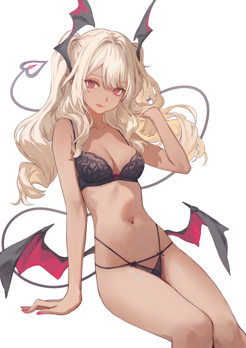 1girl  p absurdres bare arms bare shoulders black bra black panties bra breasts cleavage commentary dark-skinned female dark skin demon girl demon ta…