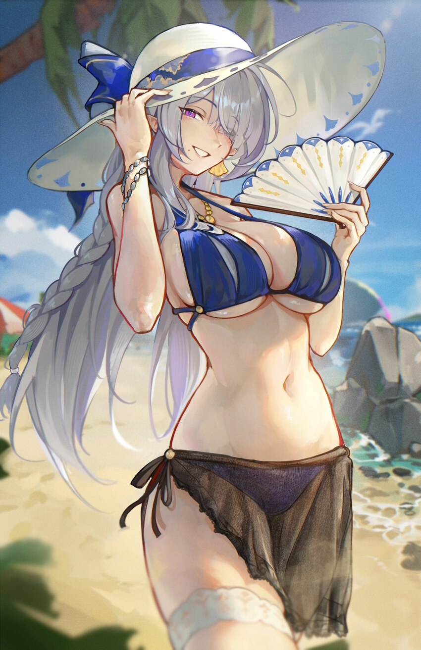 1girl  d absurdres alternate costume beach bikini black sarong blue bikini blue sky breasts commentary cowboy shot day folding fan grey hair hair ove…