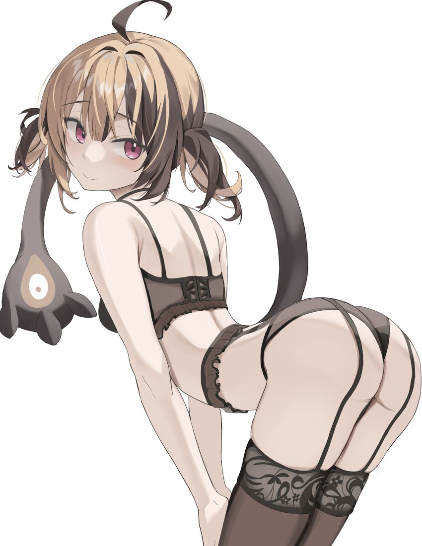 1girl absurdres arched back ass bent over black bra black panties black thighhighs blonde hair bra breasts brown hair closed mouth commentary garter …