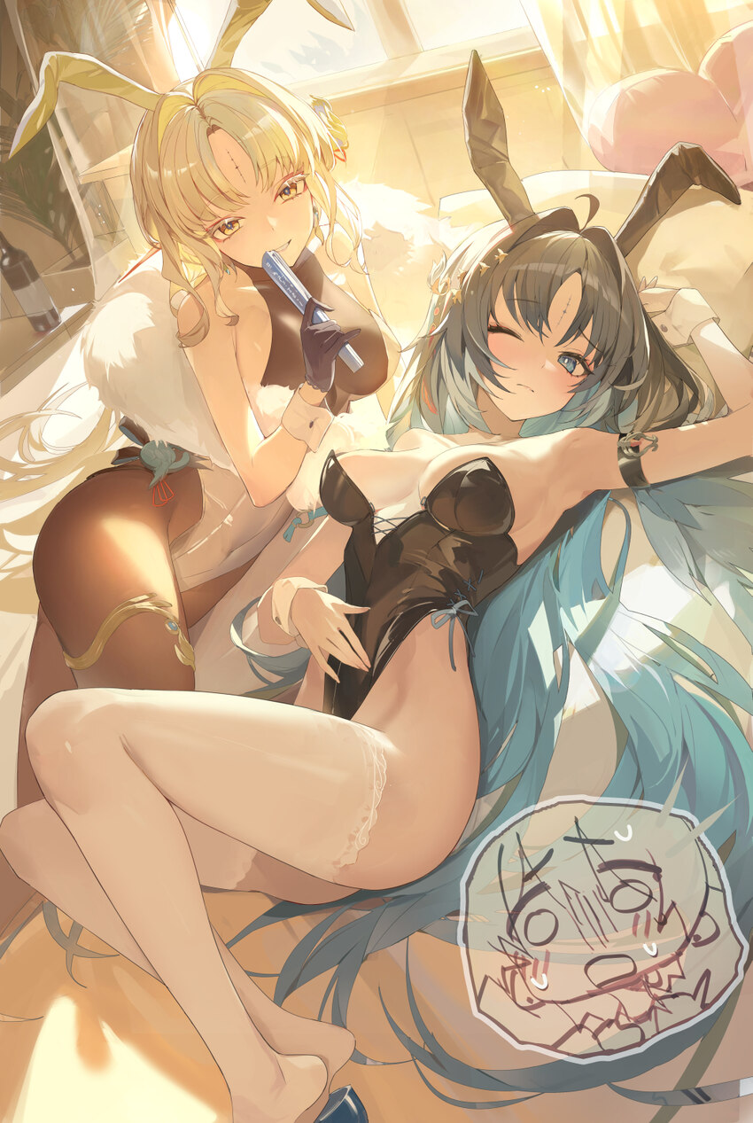 2girls absurdres ahoge alternate costume animal ears arm up black hair black leotard black pantyhose blonde hair blue eyes blue hair breasts closed m…