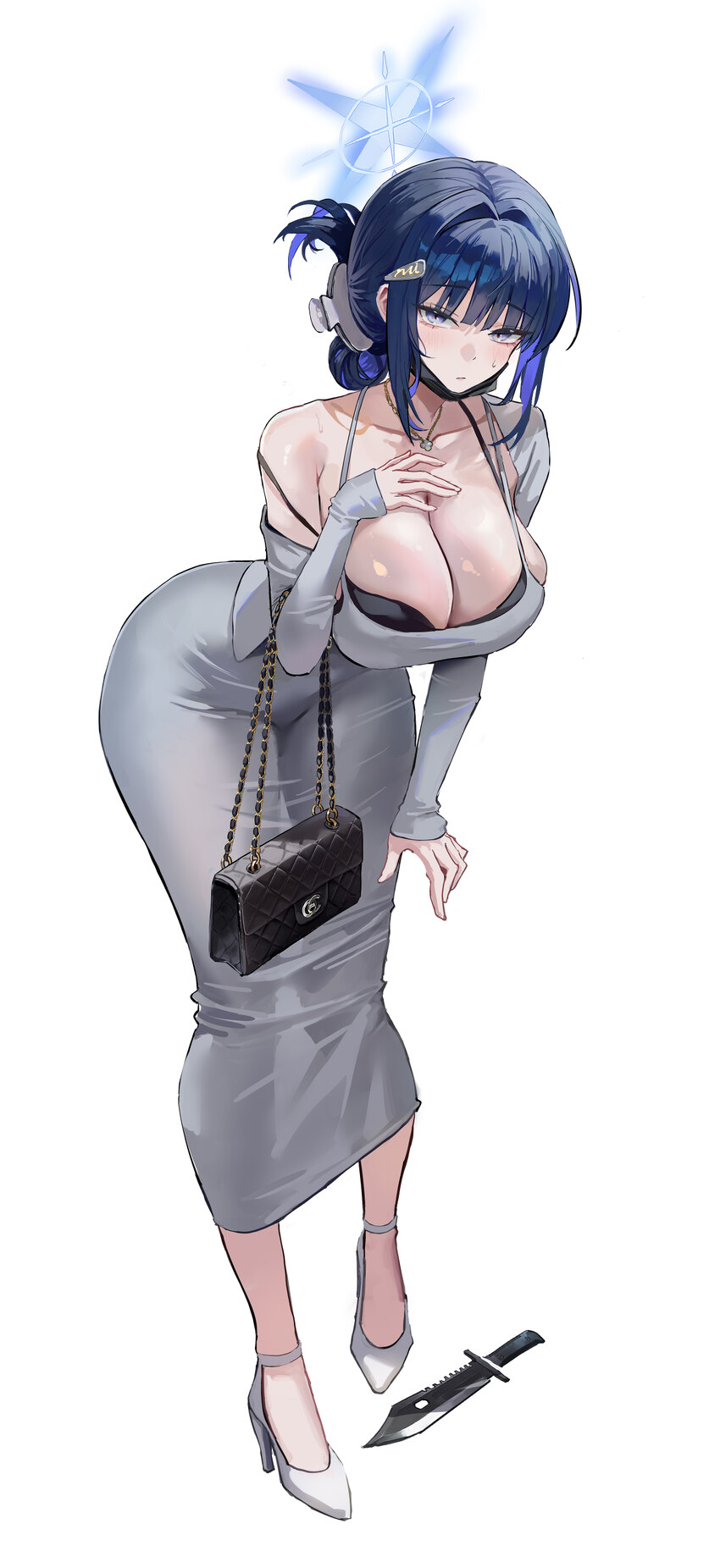 1girl absurdres alternate breast size (larger) alternate costume alternate hairstyle bag black bag black bra black mask blue archive blue eyes blue h…