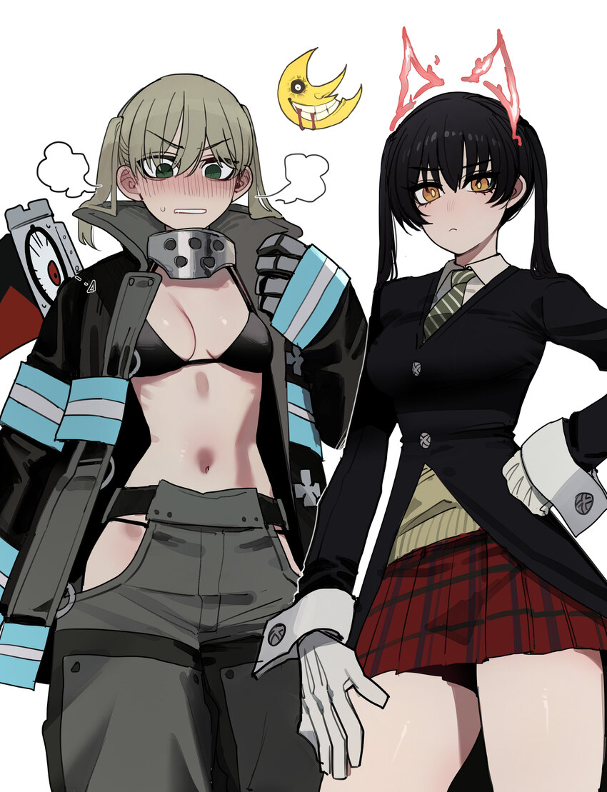 2girls absurdres bad id bad twitter id black bra black hair black jacket blonde hair blush bra breasts brown eyes clothing cutout cosplay creator con…