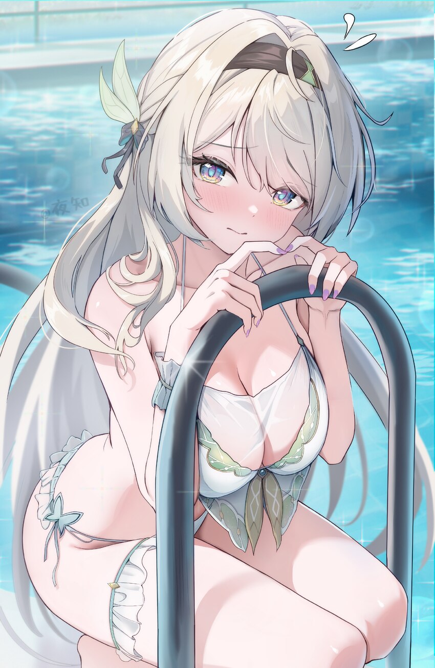 1girl absurdres alternate costume armpit crease bikini blurry blush bokeh breasts cleavage closed mouth commentary depth of field firefly (honkai  st…