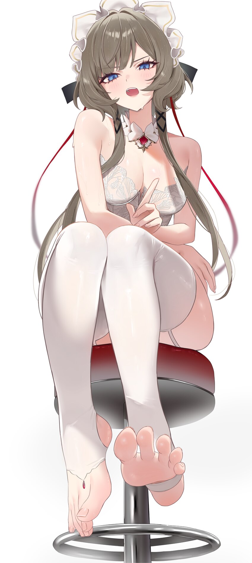 1girl absurdres bare shoulders blue eyes bra breasts commentary english commentary feet foot focus from below genshin impact grey hair highres large …