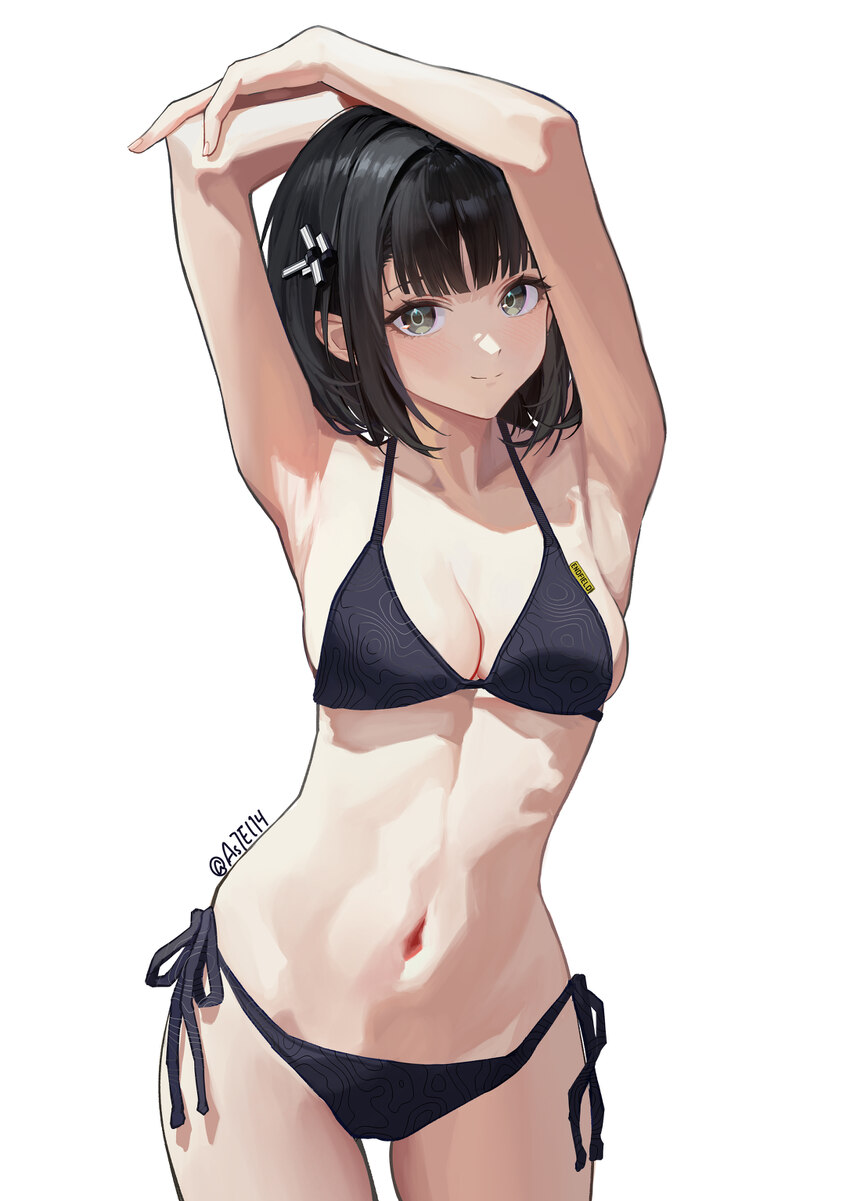 1girl absurdres arknights arknights  endfield arm on own head armpits arms up artist name astelia bikini black bikini black hair breasts chinese comm…