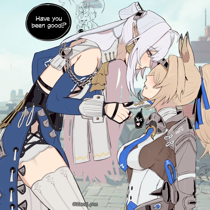 5girls absurdres animal ears ascot assertive female bare shoulders belle (brilliance of stars) (zenless zone zero) belle (zenless zone zero) black gl…