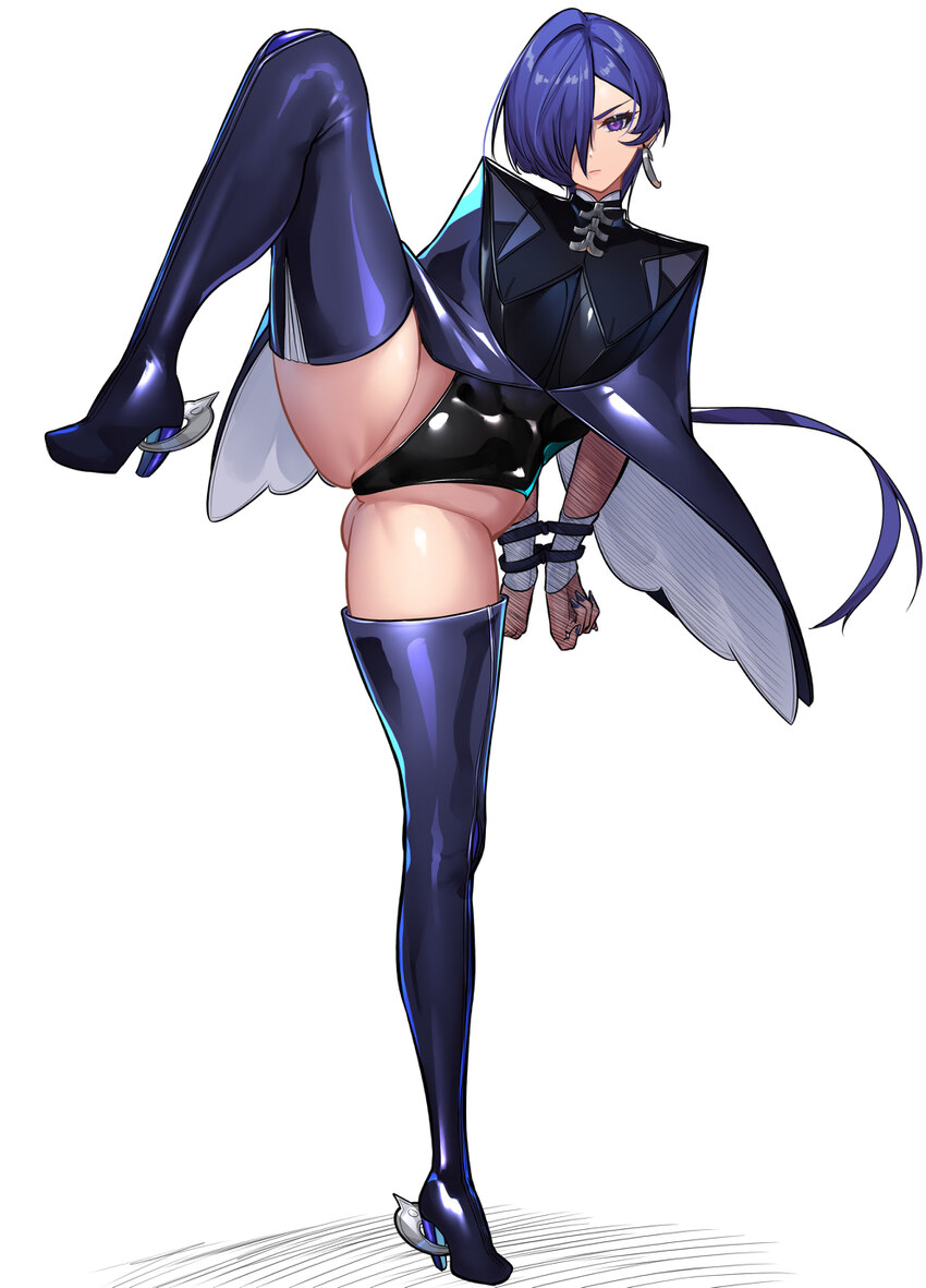 1girl absurdres black coat black leotard boots bound bound arms coat commentary request earrings full body groin high heel boots high heels highres j…
