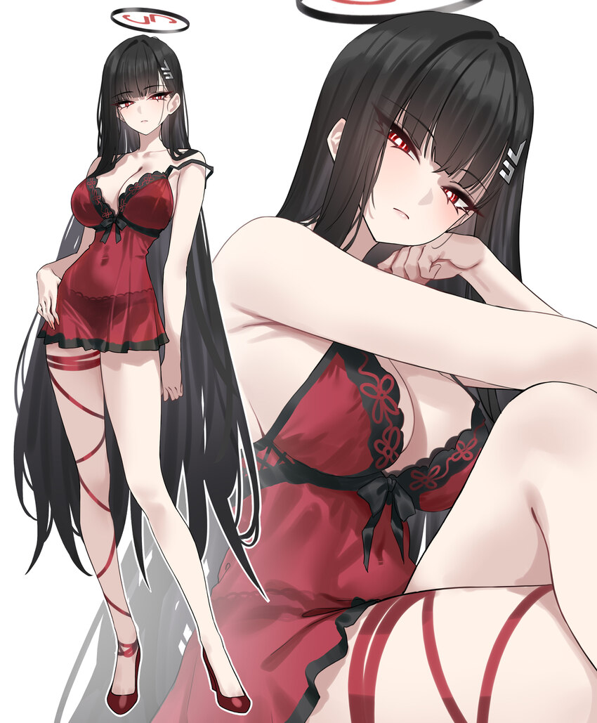 1girl absurdres alternate costume bare arms bare shoulders black hair blue archive blush breasts bright pupils cleavage closed mouth commentary cover…