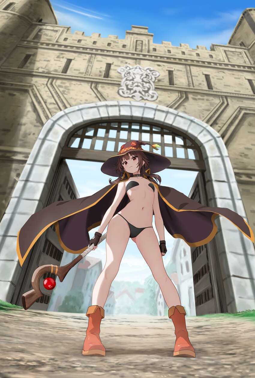 1girl absurdres adapted costume ass visible through thighs bare shoulders belt collar bikini black bikini black cape black hat blue sky boots breasts…