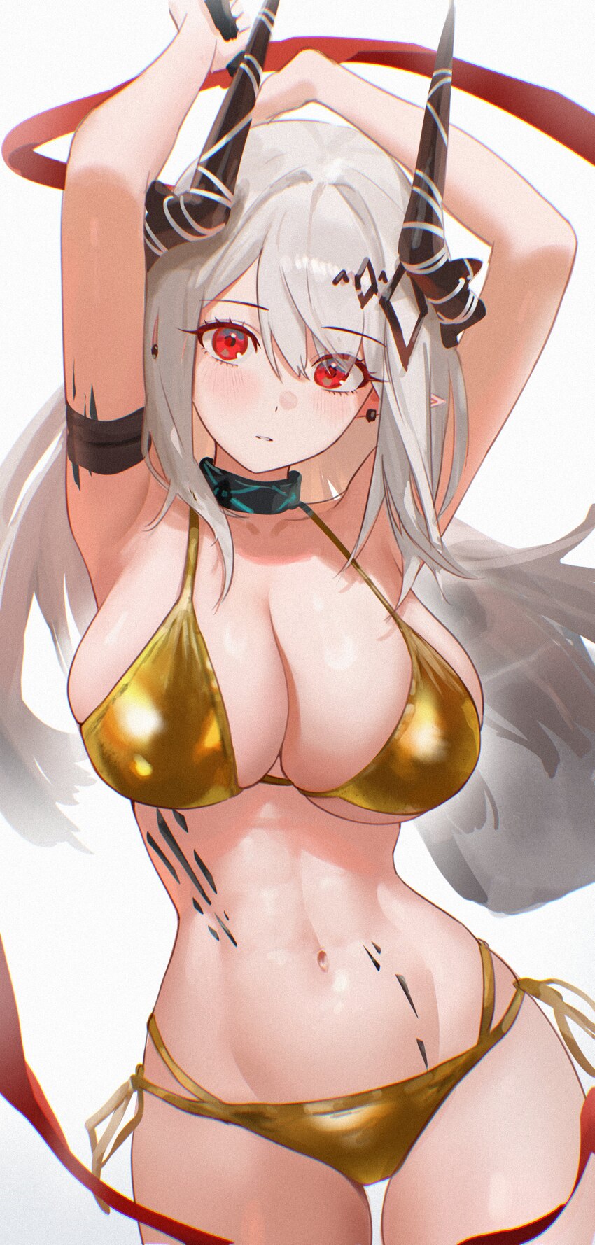 1girl absurdres alternate costume arknights arms up bikini black choker black horns blush breasts choker commentary request cowboy shot gold bikini g…