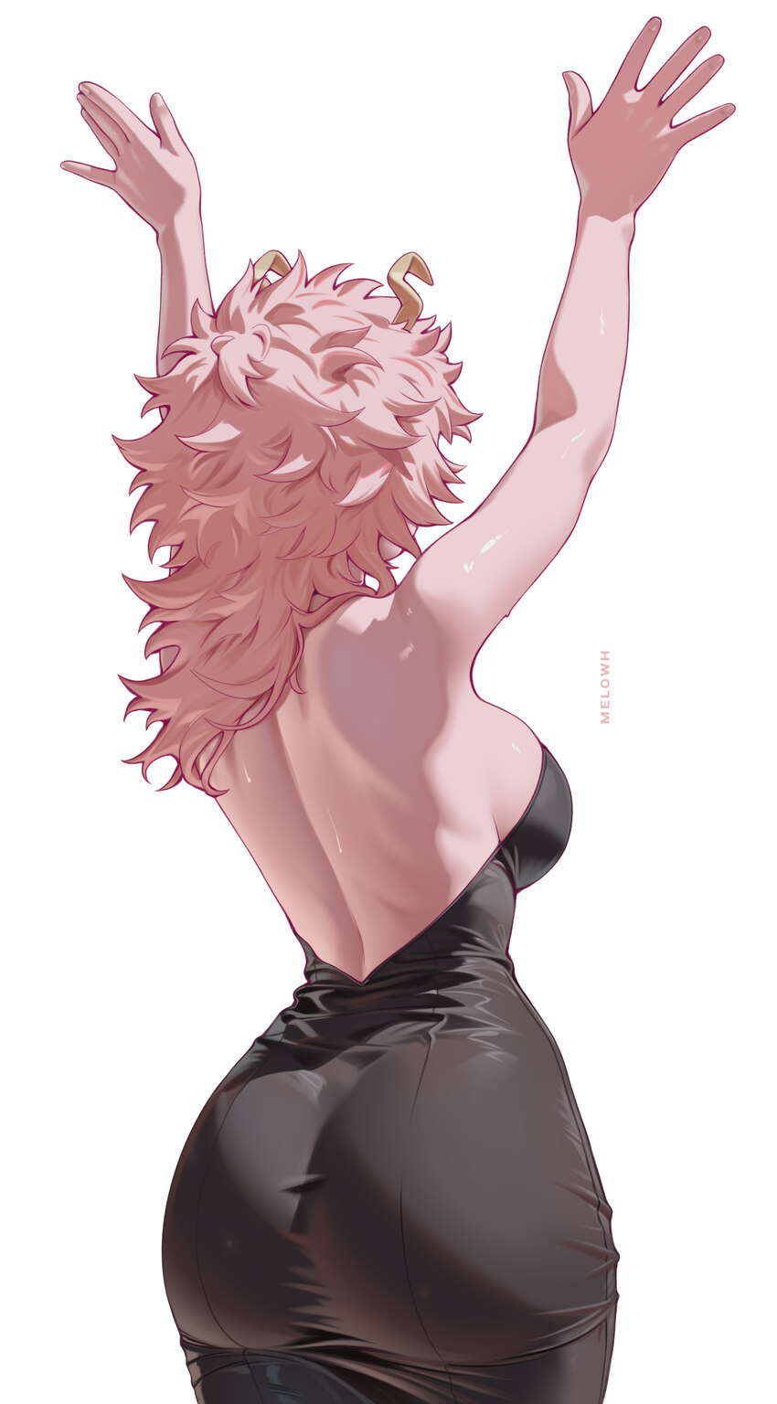 1girl absurdres arms up ashido mina ass back bare shoulders black dress boku no hero academia breasts colored skin commentary curvy dress english com…