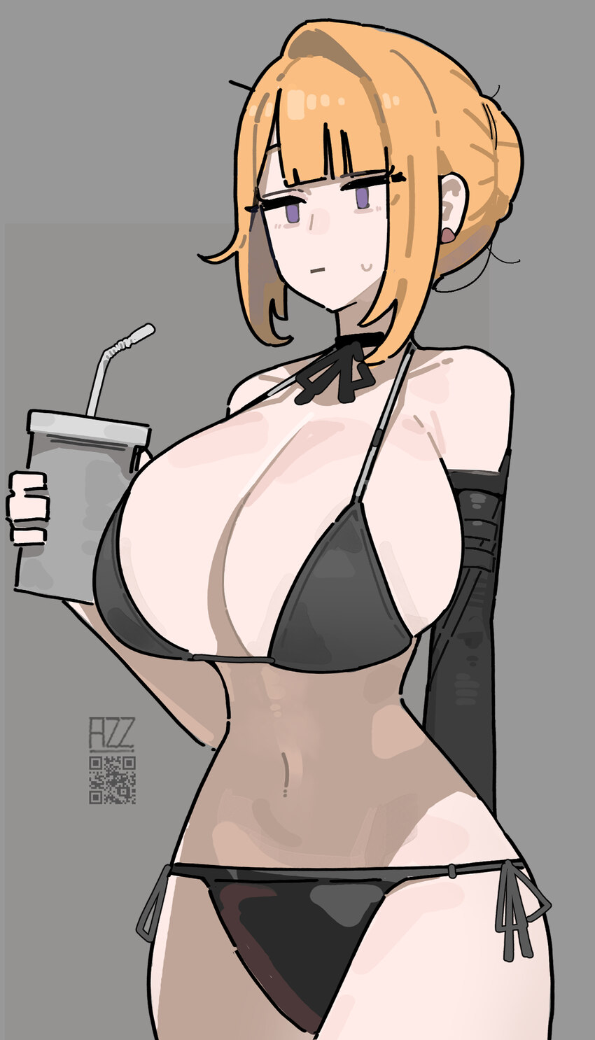 1girl alternate breast size (larger) arm behind back azz0422 bikini black bikini black gloves blonde hair breasts closed mouth collarbone commentary …