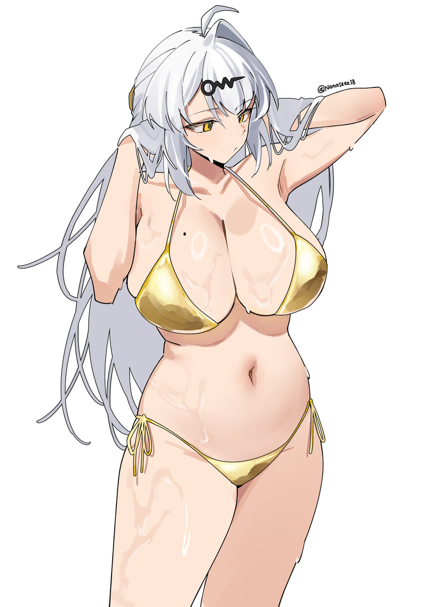 1girl absurdres adjusting hair alternate costume bare shoulders bikini breasts cleavage commentary english commentary gold bikini golden week hair or…