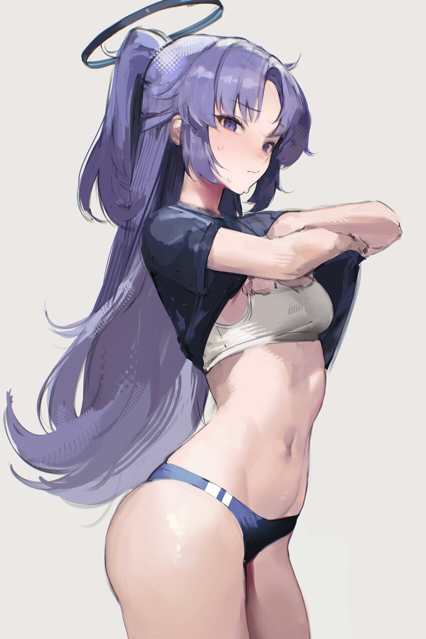 1girl absurdres blue archive blue buruma blue halo blue shirt breasts buruma closed mouth clothes lift commentary cowboy shot english commentary from…