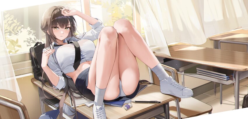 1girl absurdres arm up backpack bag bare legs black necktie black skirt bra visible through clothes breasts brown hair chair choyeon classroom collar…