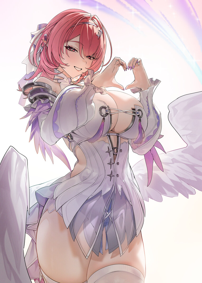 1girl bare shoulders breasts cleavage commentary cowboy shot detached sleeves dress feathered wings hair intakes hair ornament heart heart hands high…