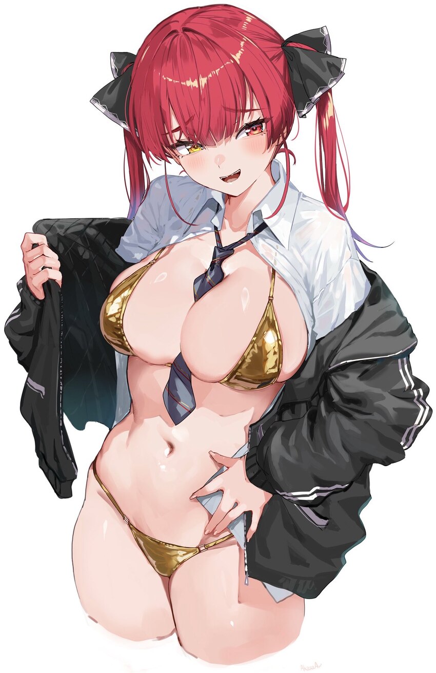1girl  d akasaai between breasts bikini black jacket black necktie black ribbon breasts cleavage clothes between breasts collared shirt commentary cr…