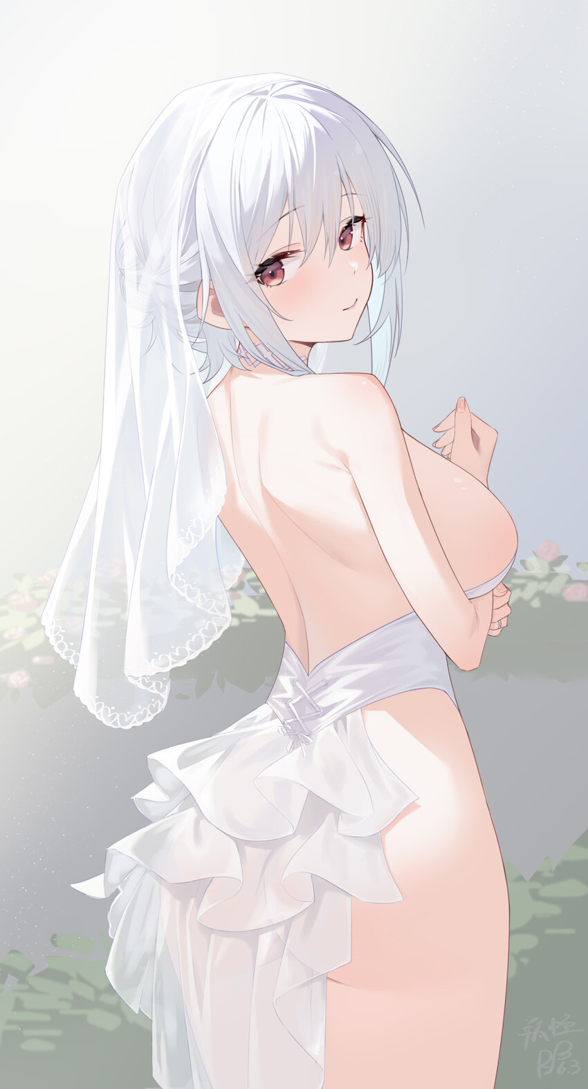 1girl absurdres ass azur lane back bare shoulders breasts bridal veil bride closed mouth commentary from behind grey hair hair between eyes highres l…