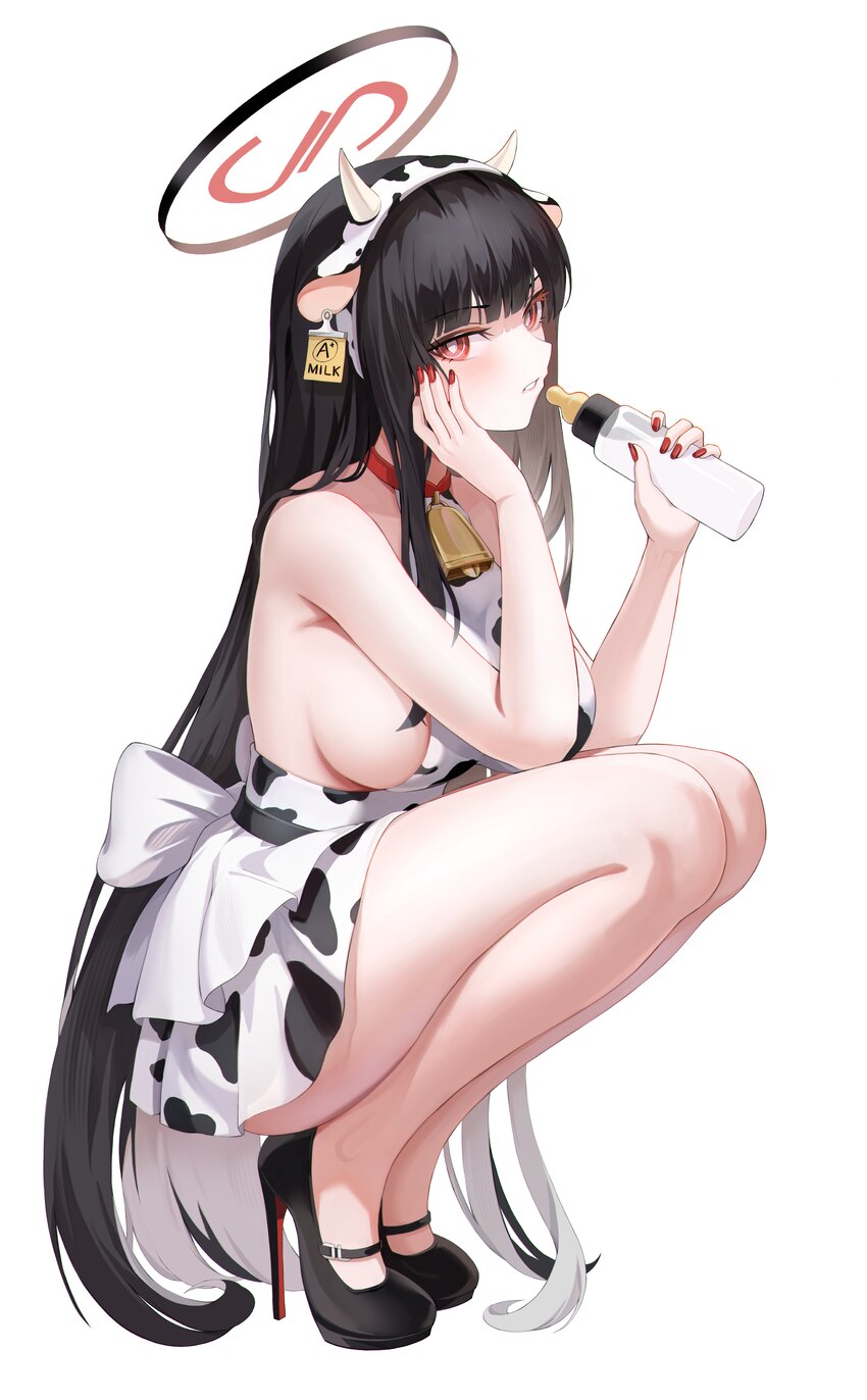 1girl absurdres alternate costume animal ear hairband animal ears black hair black halo blue archive breasts bright pupils commentary cow ear hairban…