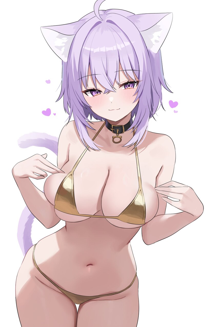 1girl  3 absurdres ahoge alternate costume animal ear fluff animal ears bikini black collar breasts cat ears cat girl cat tail closed mouth collar co…