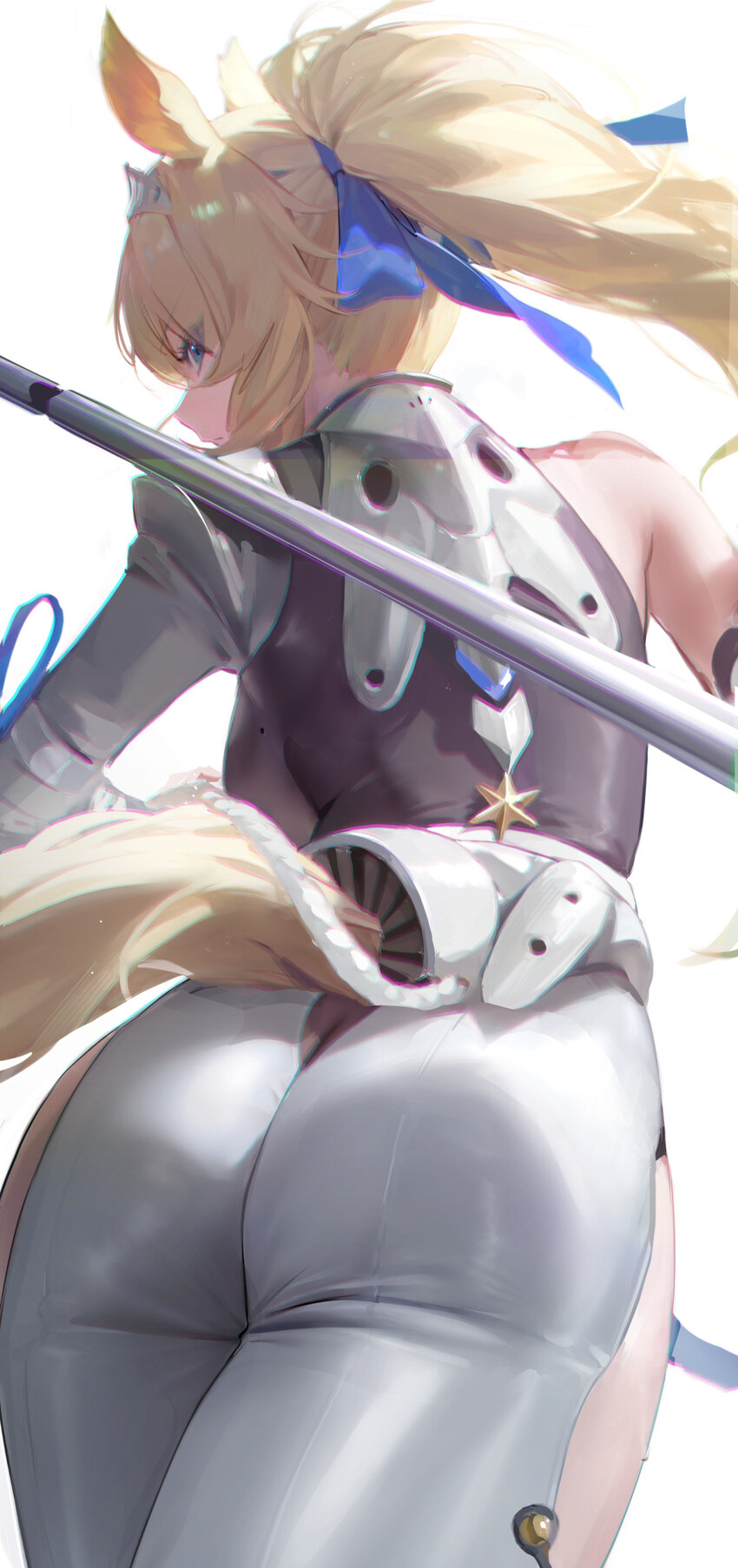 1girl absurdres animal ears ass backboob black leotard blonde hair blue eyes breasts chinese commentary closed mouth commentary request far side from…