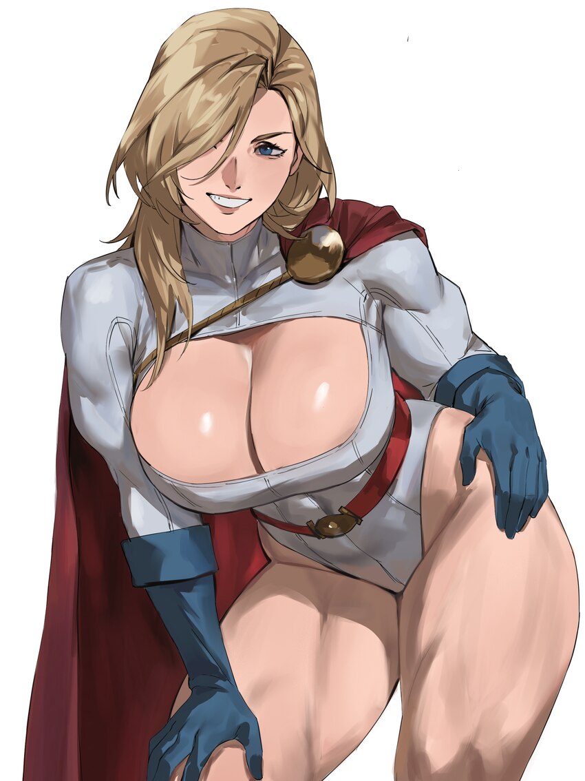 1girl absurdres bare legs belt blonde hair blue eyes blue gloves breasts broad shoulders cape chinese commentary cleavage cleavage cutout clothing cu…