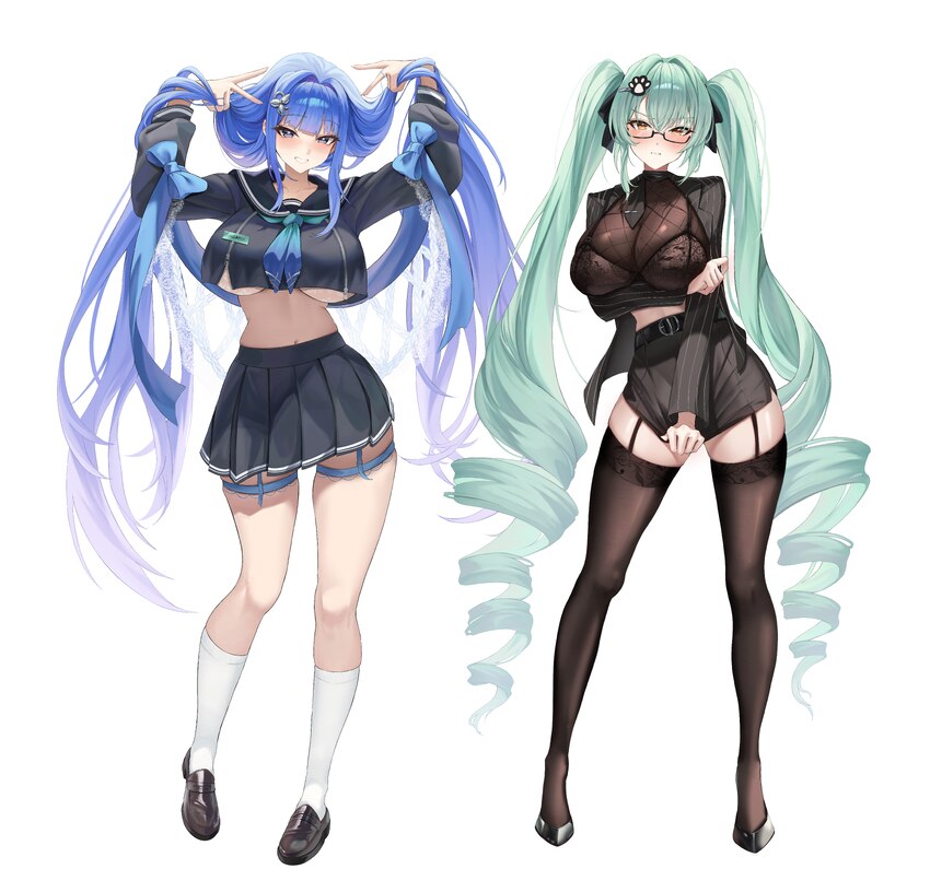 2girls absurdres aqua hair arcana (fortune mate) (nikke) arcana (nikke) arm under breasts belt black bra black garter straps black ribbon black sailo…