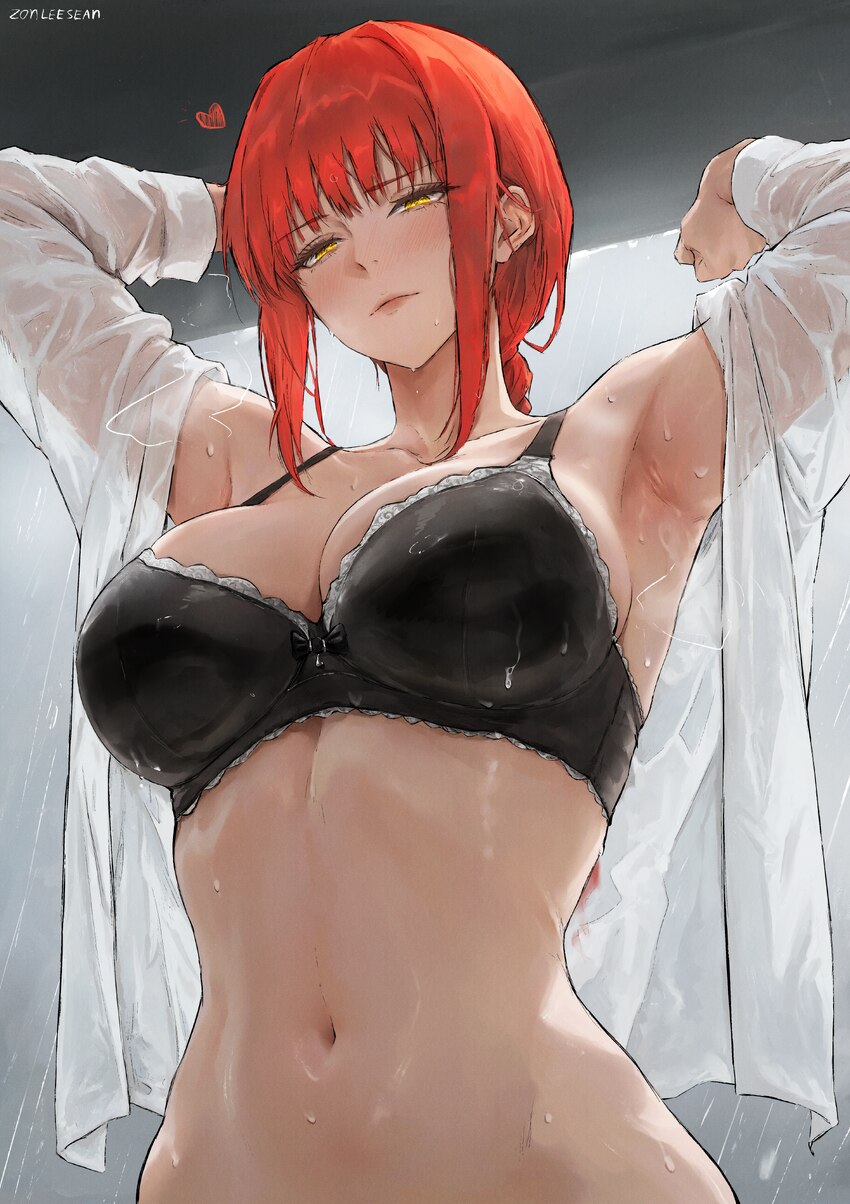 1girl absurdres armpits arms up black bra bra breasts chainsaw man commentary english commentary heart highres looking at viewer makima (chainsaw man…