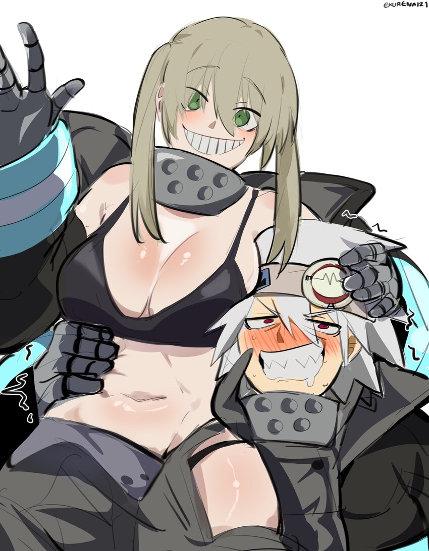 1boy 1girl absurdres alternate breast size (larger) bikini black bikini black coat breasts brown pantyhose cleavage clenched teeth clothing cutout co…