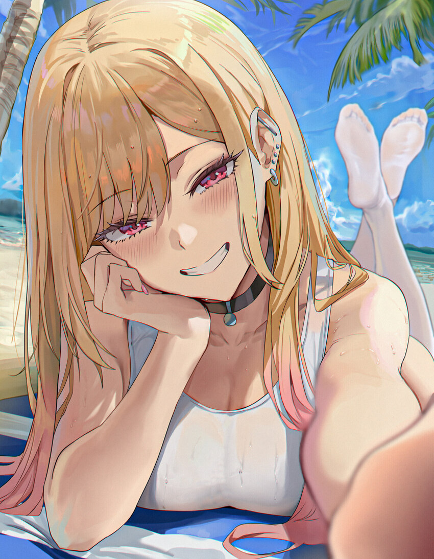 1girl achilles tendon ai-assisted amiki yuzuru beach black choker blonde hair blush breasts choker cleavage collarbone commentary request crossed ank…