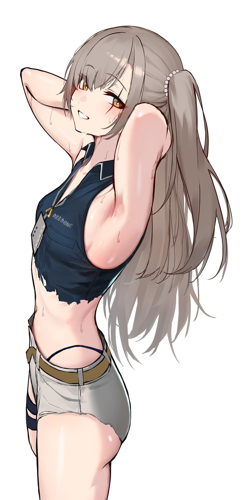 1girl 3 small spiders absurdres armpits arms up breasts brown hair commentary request crop top flat chest from side girls frontline girls frontline 2…