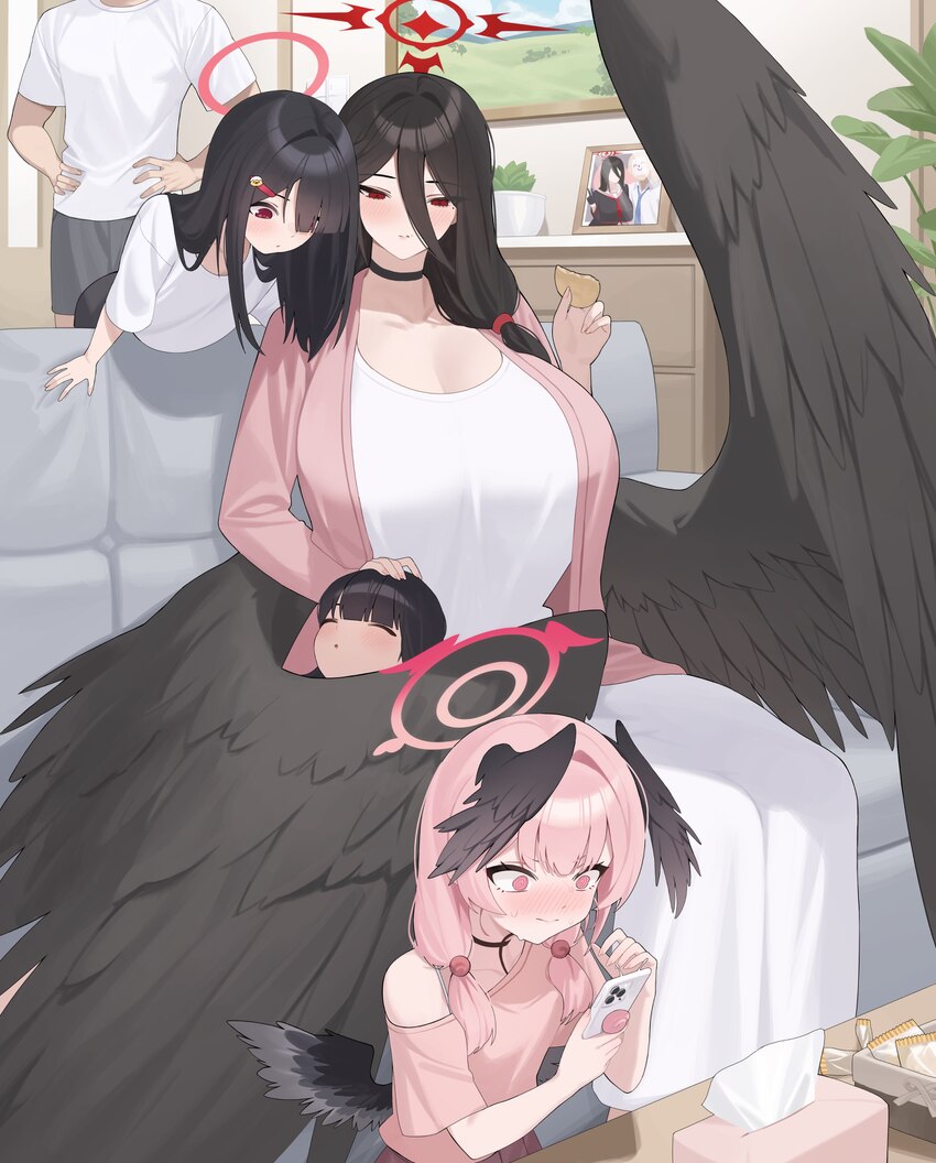 2boys 3girls absurdres aged up alternate breast size (larger) alternate costume angel black hair black wings blue archive breasts brother and sister …