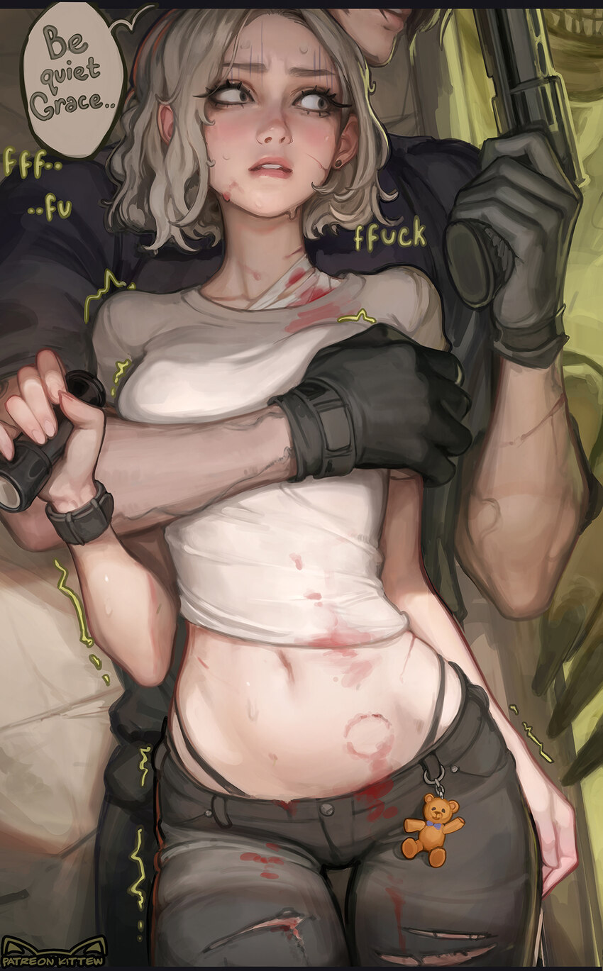 1boy 1girl bite mark blonde hair blood breast press breasts commentary cowboy shot curvy grace ashcroft grey eyes grey hair gun hand on anothers ches…
