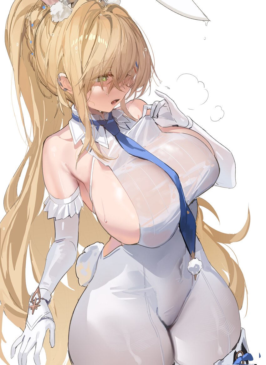 1girl absurdres animal ears bare shoulders blonde hair blue necktie breasts commentary request covered groin covered navel elbow gloves fake animal e…