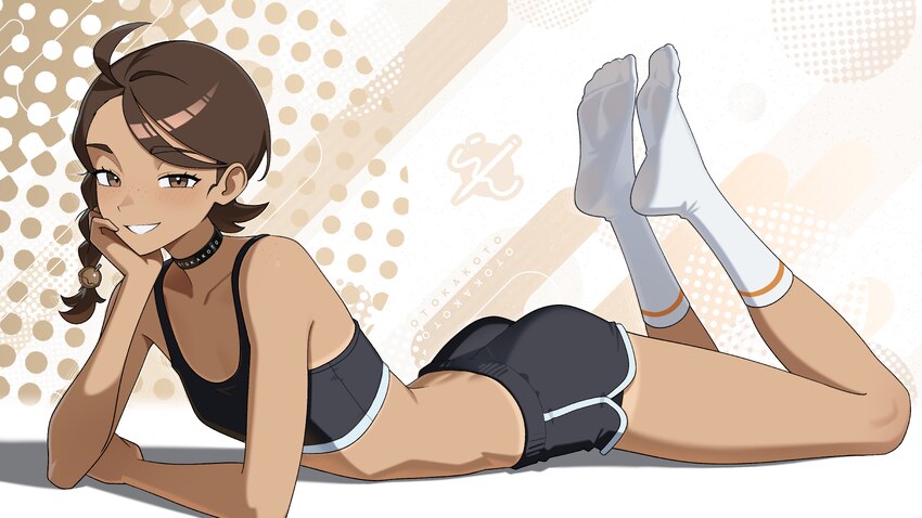1girl absurdres ass black choker black hair black shorts black sports bra braid breasts brown eyes brown hair choker commentary dark-skinned female d…