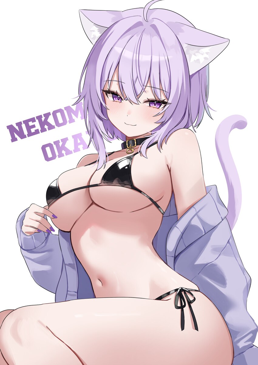 1girl  3 absurdres ahoge animal collar animal ears bikini black bikini black collar breasts cat ears cat girl cat tail character name closed mouth co…