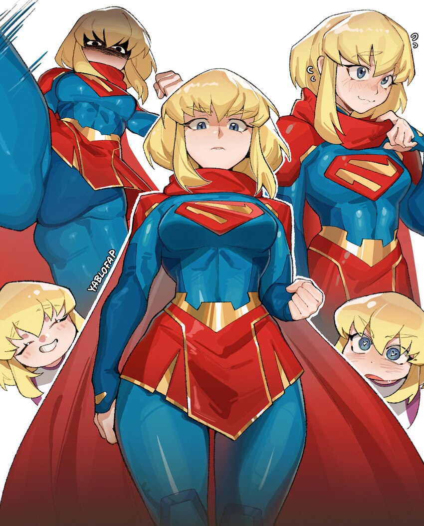 1girl  3 absurdres blonde hair blue bodysuit bodysuit breasts cape commentary dc comics glaring highres kicking looking at viewer medium breasts mini…