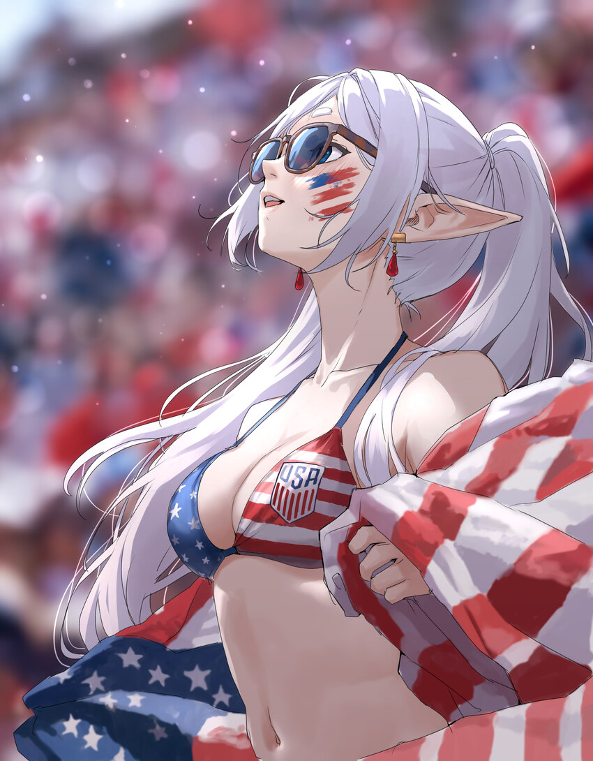 1girl 2026 fifa world cup alternate breast size (larger) alternate costume american flag american flag bikini american flag print bikini blue eyes bl…