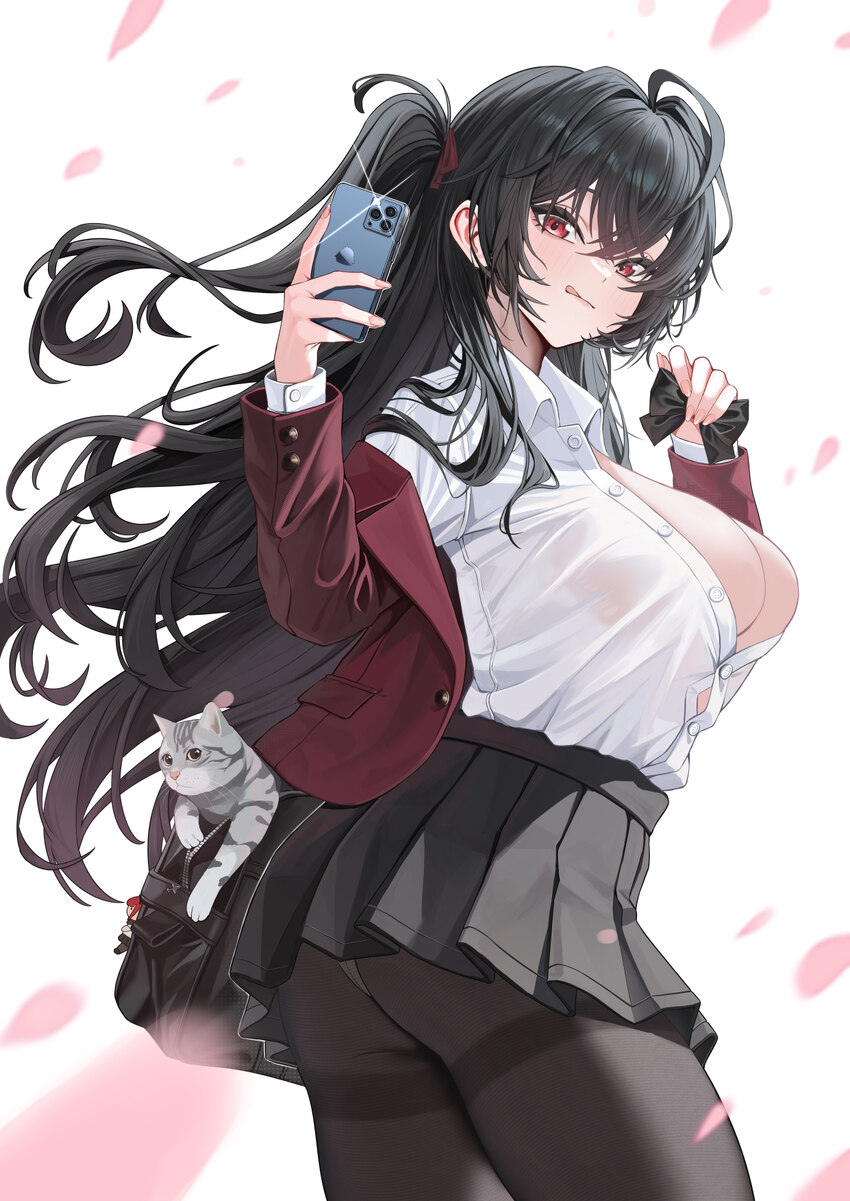 1girl  q absurdres amam (64943468) ass azur lane bag black bag black hair black pantyhose black skirt blush breasts cat center opening cleavage close…
