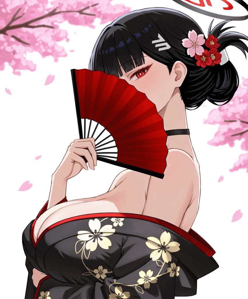 1girl alternate costume alternate hairstyle bare shoulders black choker black hair blue archive breasts bright pupils cherry blossoms choker commenta…