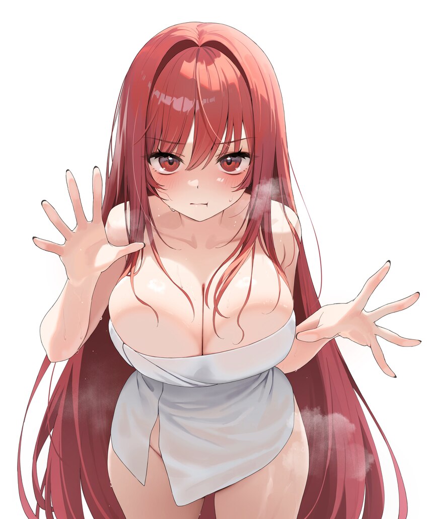 1girl absurdres bare arms bare shoulders black nails blush breasts cleavage closed mouth collarbone goddess of victory  nikke groin hair between eyes…