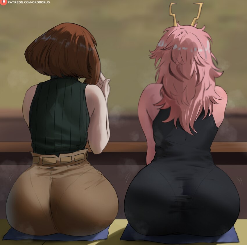 2girls antennae ashido mina ass bilingual commentary black dress black sweater blurry blurry background boku no hero academia brown hair brown skirt …