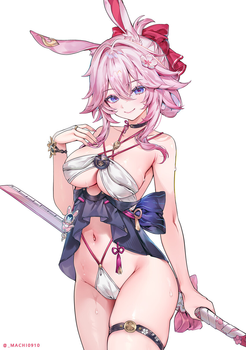 1girl alternate costume animal ears bare shoulders bow breasts closed mouth commentary cowboy shot dot nose evanescia (honkai  star rail) fingernails…