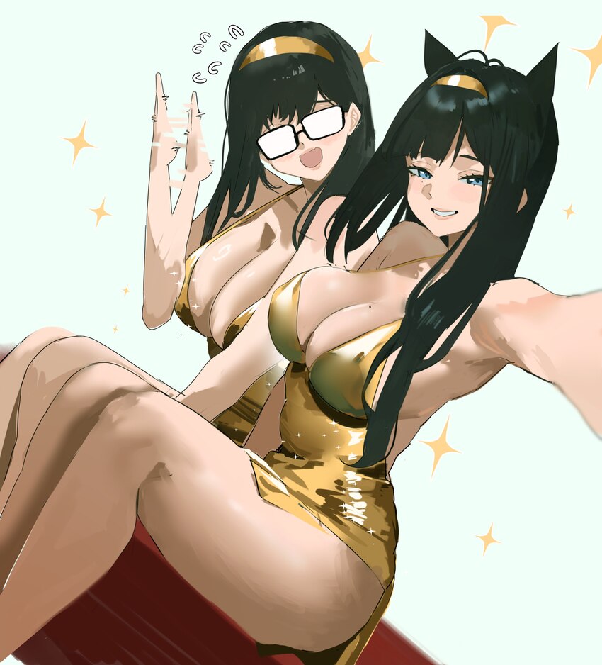 2girls absurdres bare legs bare shoulders black hair breasts cleavage dress glasses goddess of victory  nikke gold dress gold hairband hairband highr…