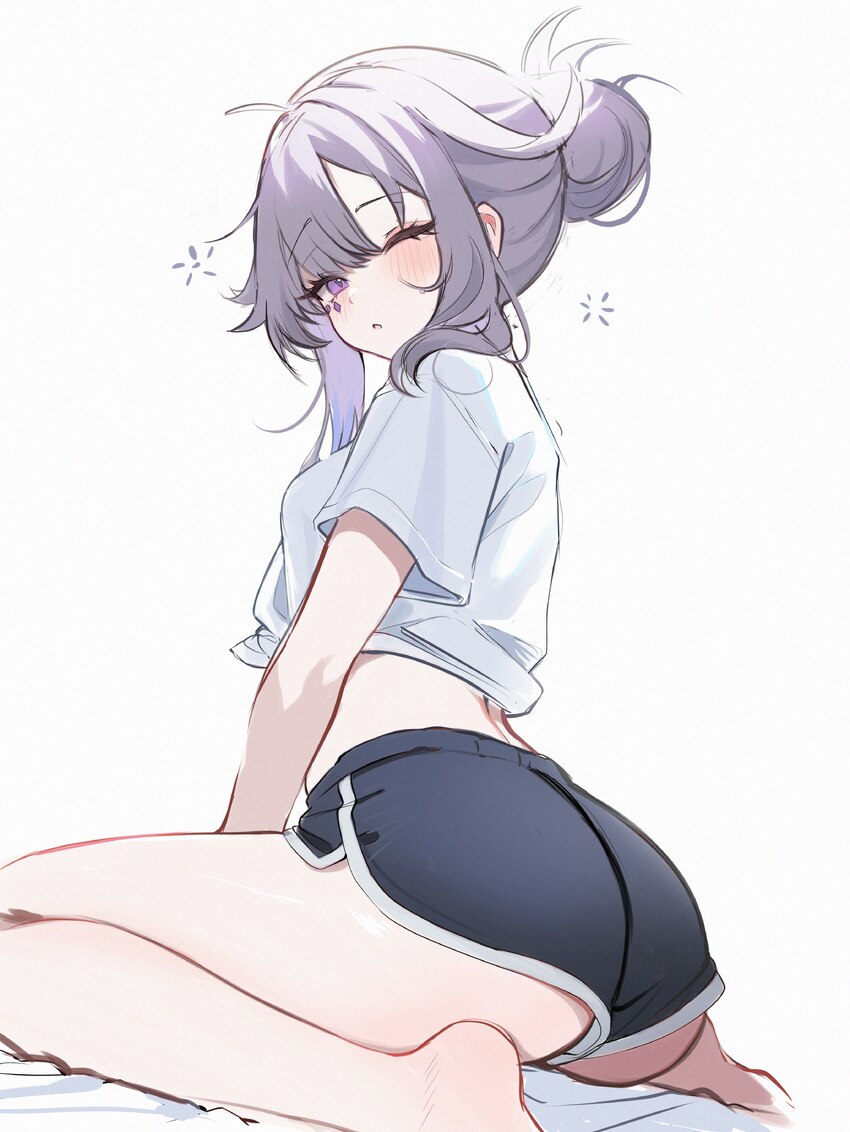 1girl absurdres alternate costume alternate hairstyle ass barefoot between legs black shorts commentary cropped shirt dolphin shorts hair bun hair fl…